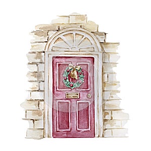 Watercolor Christmas illustration of a red door