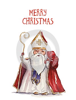 Watercolor Christmas illustration with St Nicholas with mitre and pastoral staff. Winter tradition. Christmas cards. Winter design