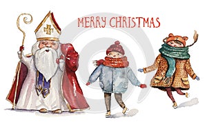 Watercolor Christmas illustration with St. Nicholas and two children. Christmas cards. Winter design. Merry Christmas