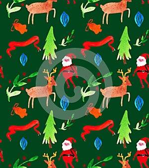 Watercolor Christmas illustrations seamless pattern with Santa Clause, deer, trees and berries . Winter New Year theme.