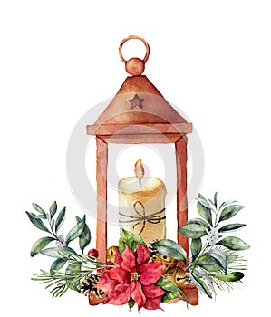 Watercolor Christmas lantern with candle and decor. Hand painted traditional lantern with christmas plant isolated on