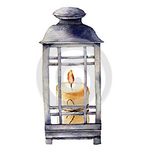 Watercolor Christmas lantern with candle. Hand painted holiday decor with bow isolated on white background. Christmas