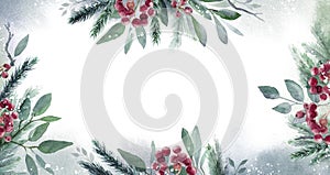 Watercolor Christmas Leaf banner frame. Hand painted floral garland with berries and fir branch, isolated on white