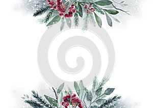 Watercolor Christmas Leaf banner. Hand painted floral garland with berries and fir branch, isolated on white background
