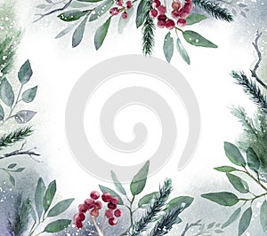 Watercolor Christmas Leaf frame. Hand painted floral garland with berries and fir branch, isolated on white background