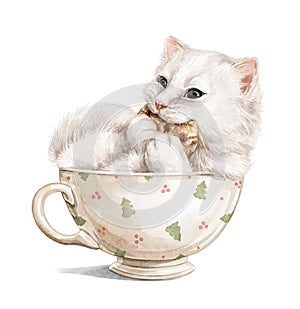 Watercolor Christmas little cat kitten character eat cookies in big mug