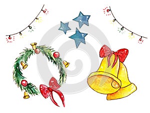 Watercolor Christmas mini setof decorations, candles, bells, wreath, garland.