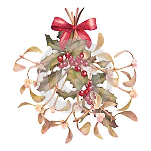 Watercolor Christmas Mistletoe and Holly Bouquet