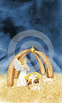 Watercolor Christmas nativity greeting card, nativity scene with the Holy Family, Angel, sheep illustration, Baby child