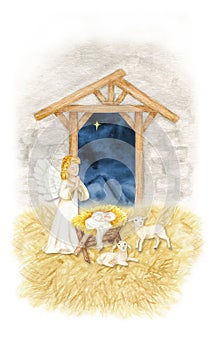 Watercolor Christmas nativity greeting card, nativity scene with the Holy Family, Angel, sheep illustration, Baby child