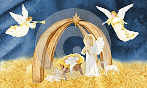 Watercolor Christmas nativity greeting card, nativity scene with the Holy Family, Angel, sheep illustration, Baby child