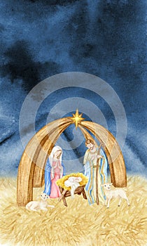 Watercolor Christmas nativity greeting card, nativity scene with the Holy Family illustration, Madonna, child Jesus