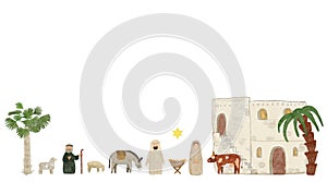 Watercolor Christmas nativity scene border isolated on white