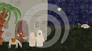 Watercolor Christmas nativity scene card on dark background