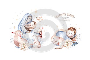 Watercolor christmas nativity scene. Christianity story with newborn jesus, mary, angel and lamb. Holy jolly christmas