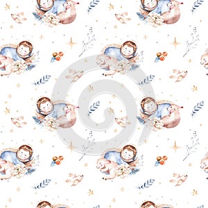 Watercolor christmas nativity scene seamless patterns. Magic Christianity story with newborn jesus, mary, angel and lamb