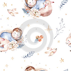 Watercolor christmas nativity scene seamless patterns. Magic Christianity story with newborn jesus, mary, angel and lamb. Holy