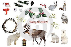 Watercolor christmas and new year decoration winter set isolated on white. Hand drawn xmas reindeer, forest animals, fir