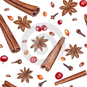 Watercolor Christmas and New Year seamless pattern of cinnamons, star anises, cranberries, sea buckthorn and cloves isolated on