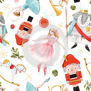 Watercolor christmas nutcracker fairy tale ballet seamless pattern