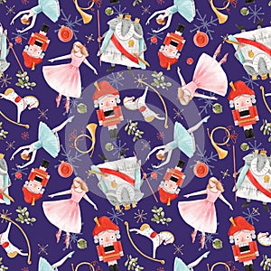 Watercolor christmas nutcracker fairy tale ballet seamless pattern