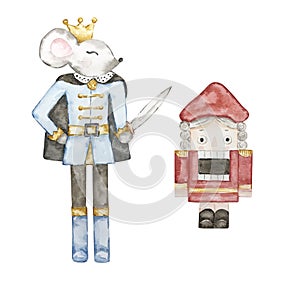 Watercolor Christmas nutcracker and mouse king toys