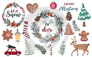 Watercolor Christmas object collection with pine cone,snowman,wreath.Vector illustration for icon,logo,sticker,printable