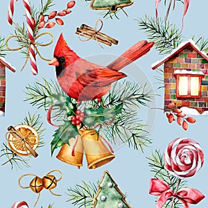 Watercolor Christmas pattern with cardinal and holiday symbols. Hand painted red bird, bells, house, candy cane, pine