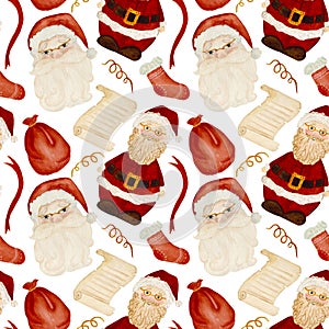 Watercolor Christmas pattern, cartoon Santa Claus, bag, scroll, festive sock on white background. For various products