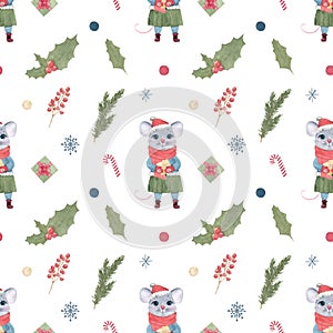Watercolor Christmas pattern with cute cartoon rat or mouse