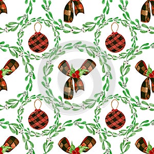 Watercolor Christmas pattern with mistletoe and red toys on white background. For various products, wrapping paper etc.