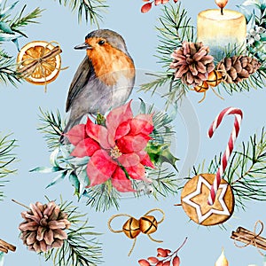 Watercolor Christmas pattern with robin and holiday symbols. Hand painted bird, bells, poinsettia, candy cane, candle