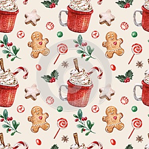 Watercolor Christmas pattern. Seamless holiday designer paper with red mug, gingerbread cookies, holly berry on beige background