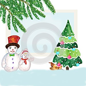 Watercolor. Christmas picture with snowmen, yellow pig under the tree