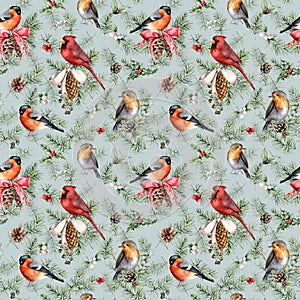 Watercolor Christmas plants and birds seamless pattern. Hand painted cardinal, robin, bullfinch and pine needles