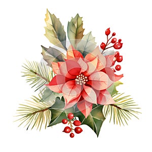 watercolor Christmas poinsettia arrangement with festive berries and pine on an isolated background