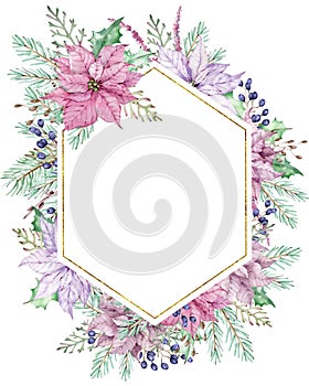 Watercolor Christmas poinsettia, pine branches and blue berries frame. New Year`s template with a golden line.