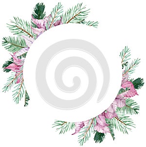 Watercolor Christmas poinsettia wreath with pine branches. Circle winter frame. New Year`s floral card.