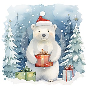 Watercolor Christmas polar bear with Santa hat, holding gift, isolated on white background