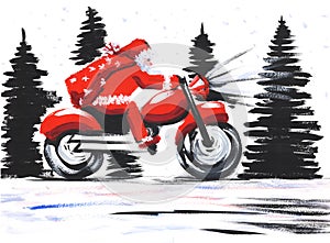 Watercolor Christmas postcard with classical Santa Clause in traditional costume riding red motorcycle against white snow
