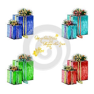 Watercolor Christmas presents in boxes and greeting inscription