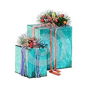 Watercolor Christmas presents in boxes photo