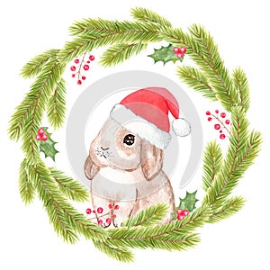 Watercolor christmas rabbit in fir wreath isolated on white background