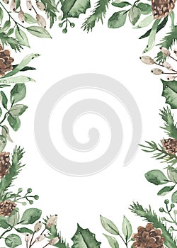 Watercolor christmas rectangular frame with berries, leaves, twigs, fir branches, pine, foliage, cones