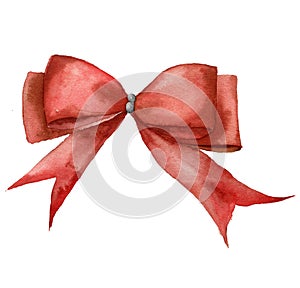 Watercolor Christmas ribbon. Hand painted traditional decor isolated on white background. Red bow. Holiday print.