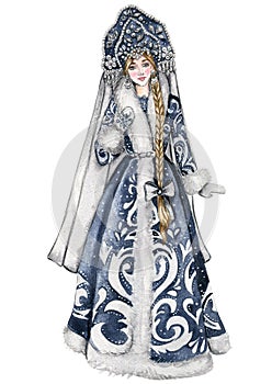 Watercolor Christmas Russian snow maiden Russian costume Folk dress