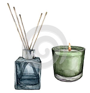 Watercolor Christmas scented candle and aroma diffuser with sticks. Hand painted winter holiday illustration isolated on white