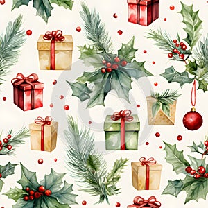 Watercolor Christmas seamless pattern background, Holly Christmas festive symbol invitation greeting card, Generative AI