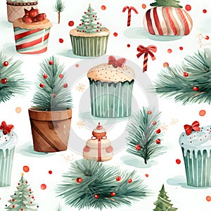 Watercolor Christmas seamless pattern background, Holly Christmas festive symbol invitation greeting card, Generative AI