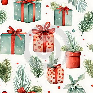 Watercolor Christmas seamless pattern background, Holly Christmas festive symbol invitation greeting card, Generative AI